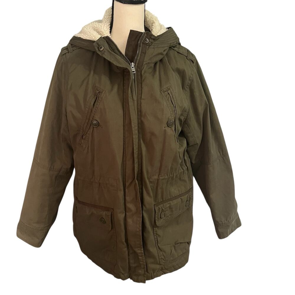 American Eagle Wmn's Green Cinch Waist Military Utility Hooded Coat Jacket Sz XL